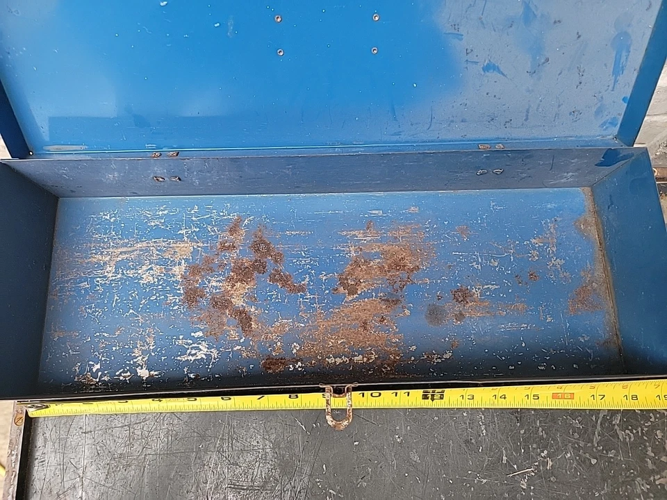 Vintage Small Metal Blue Tool Box Storage Container - Image 3 of 4