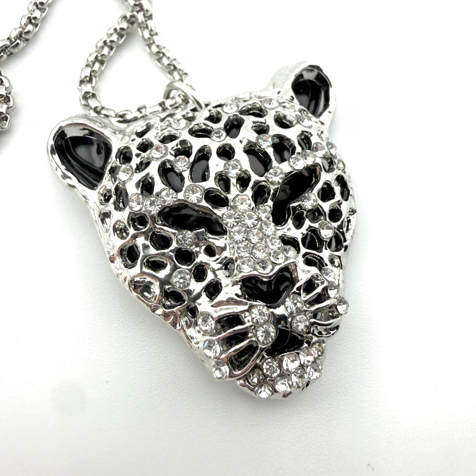 Leopard Statement Necklace - Silver Rhinestone Pe… - image 6