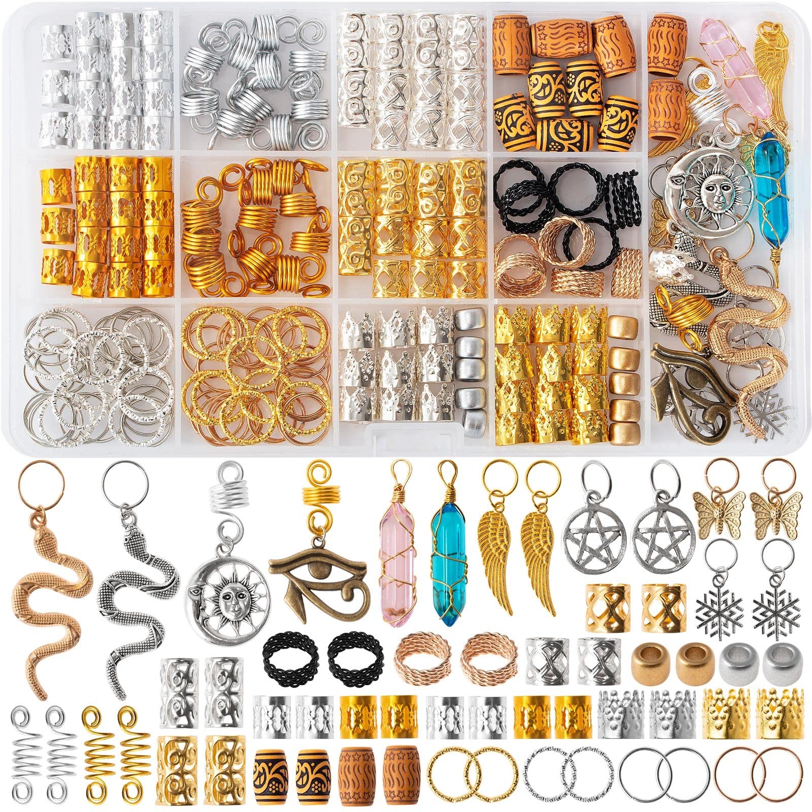 200Pcs Hair Beads Jewelry Dreadlocks Gem Crystal Charms Metal Coils Rings Silver