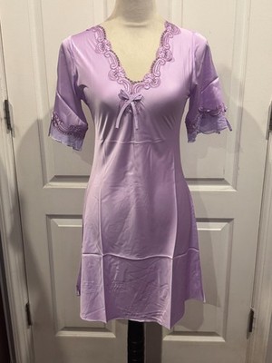 Women Short Sleeve Silky Thin Nightgown Purple Sz M (32''Lx17''W)