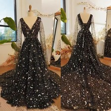 Black V-Neckline Wedding Dresses Long Sleeve Backless A-Line Bridal Gowns Court