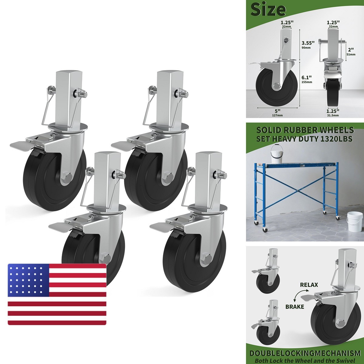 OK5STAR 5 inch Baker Scaffold Wheels Set of 4 with 1-1/4" Square Stem