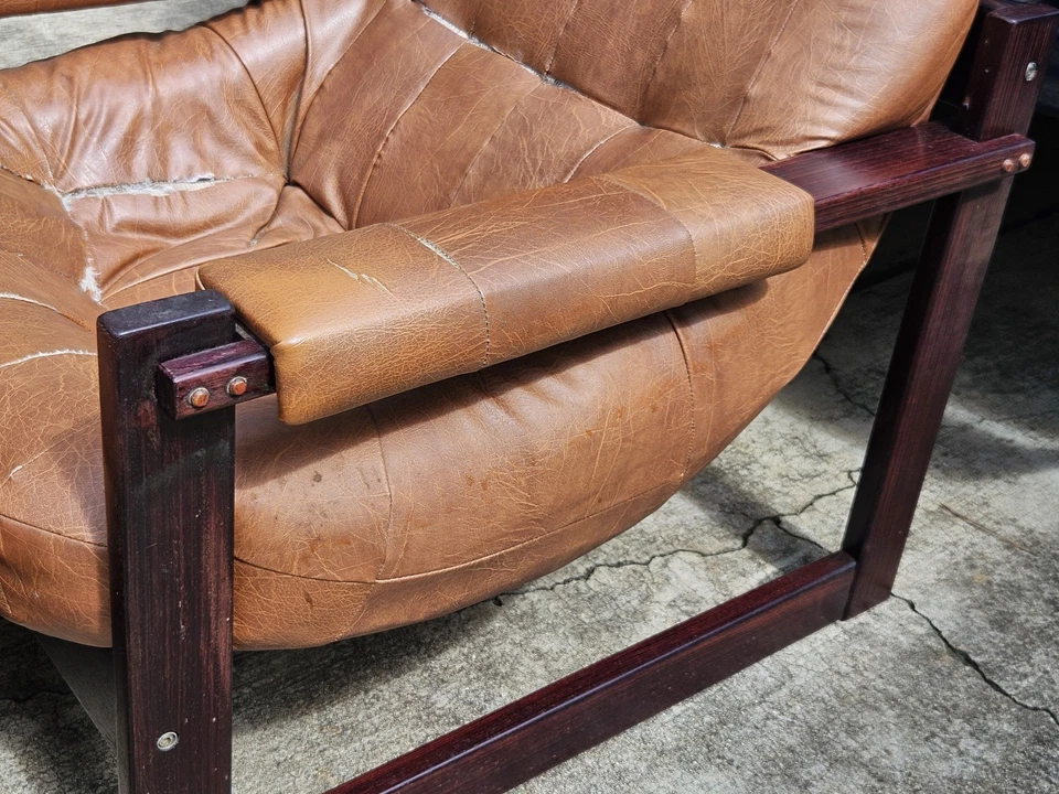 Percival Lafer Brazilian Wood Vinyl Lounge Chair & Ottoman AS-IS - Image 3 of 4