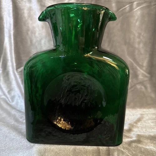 Blenko Emerald Green Glass 384P  Double Spout Carafe Water Bottle Pitcher 8”