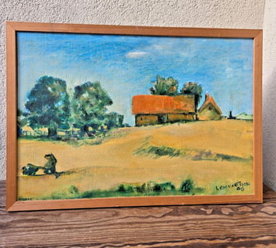 Scandinavian Landscape Painting (Oil), Swedish Farm Scene, 1986