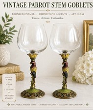Vintage 2 Pc Set Jeweled Parrot / Toucan Wine Glass Goblet Bronzed Enamel Stems