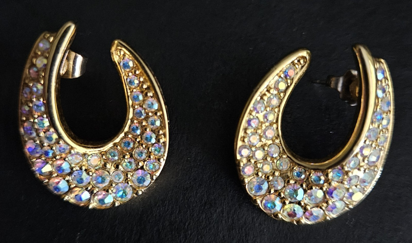 Vintage Swarovski Gold Crescent Earrings with Iridescent Crystals  