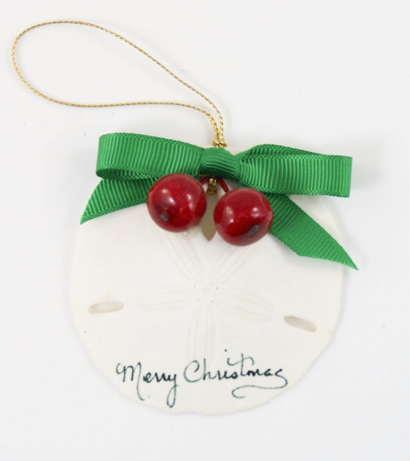 Green Bow Berries Sand Dollar Shell Christmas Ornament Holiday Tree Decoration  