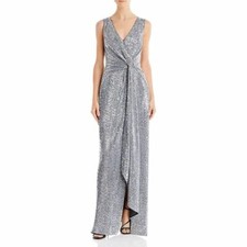 NWT Aidan Mattox Formal Twist Front Gown Silver Sequins 4 295