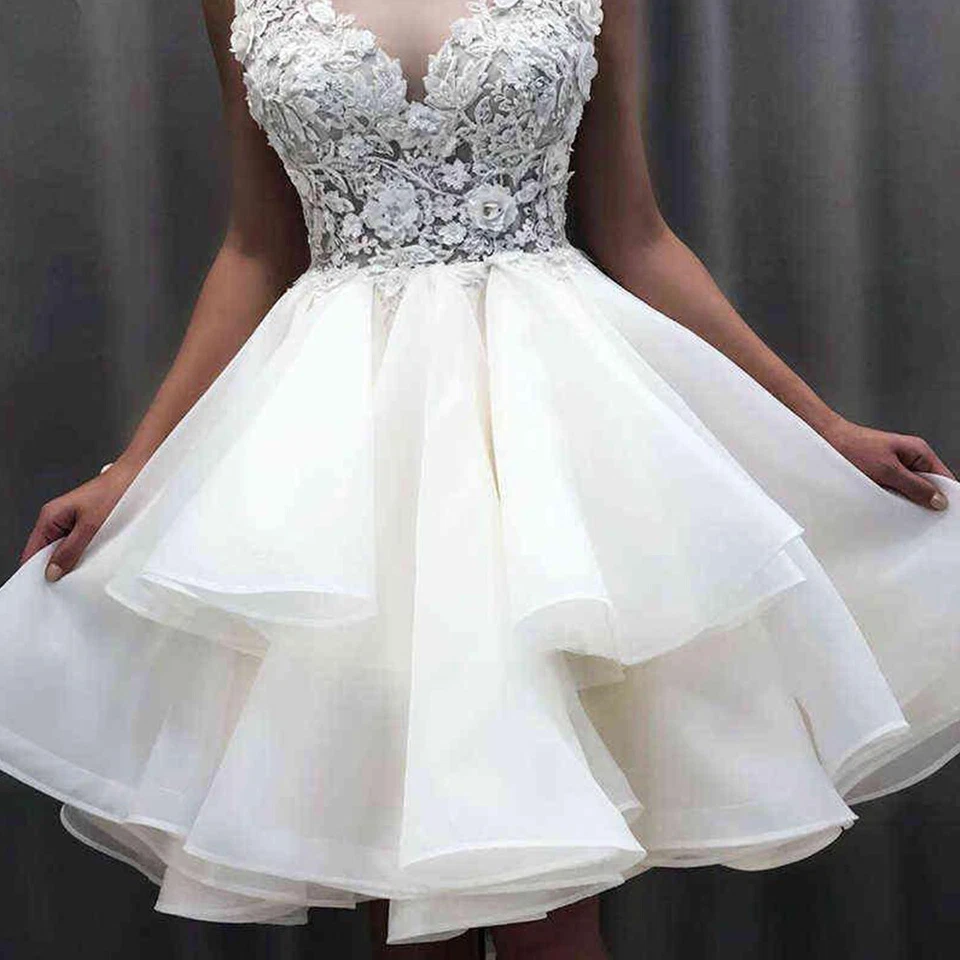 Mini vestidos de novia blancos con capas sin espalda mini vestidos de novia apliques de encaje Foto 2 de 4