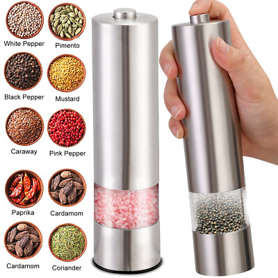 2 Pack Electric Salt Pepper Grinder Mill Shakers Set Adjustable Stainless Steel