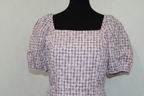Loft Outlet Sz 4 Short Balloon Sleeve Purple Gingham Floral Dress Square Neck - Picture 2 of 6