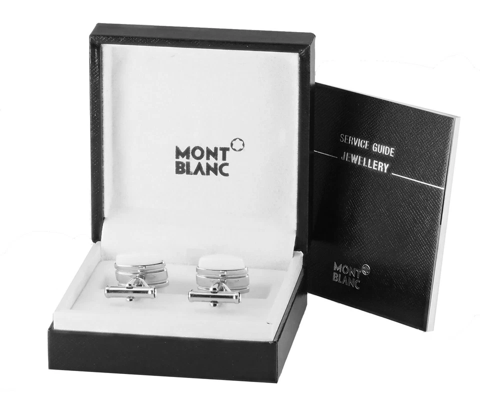 Montblanc Manschettenknöpfe Edelstahl Meisterstück MB106625 mit weißem Achat NEU - Bild 2 von 4