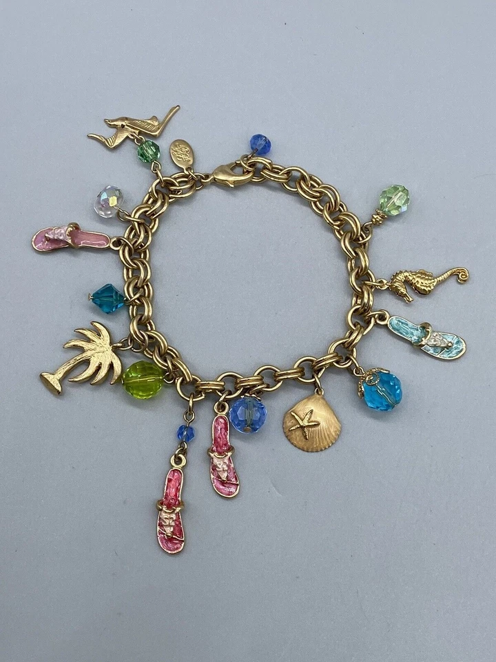 Kirks Folly Gold Tone Enamel Charms Bracelet Ocean Sea Shell Summer Vacation - Image 2 of 4