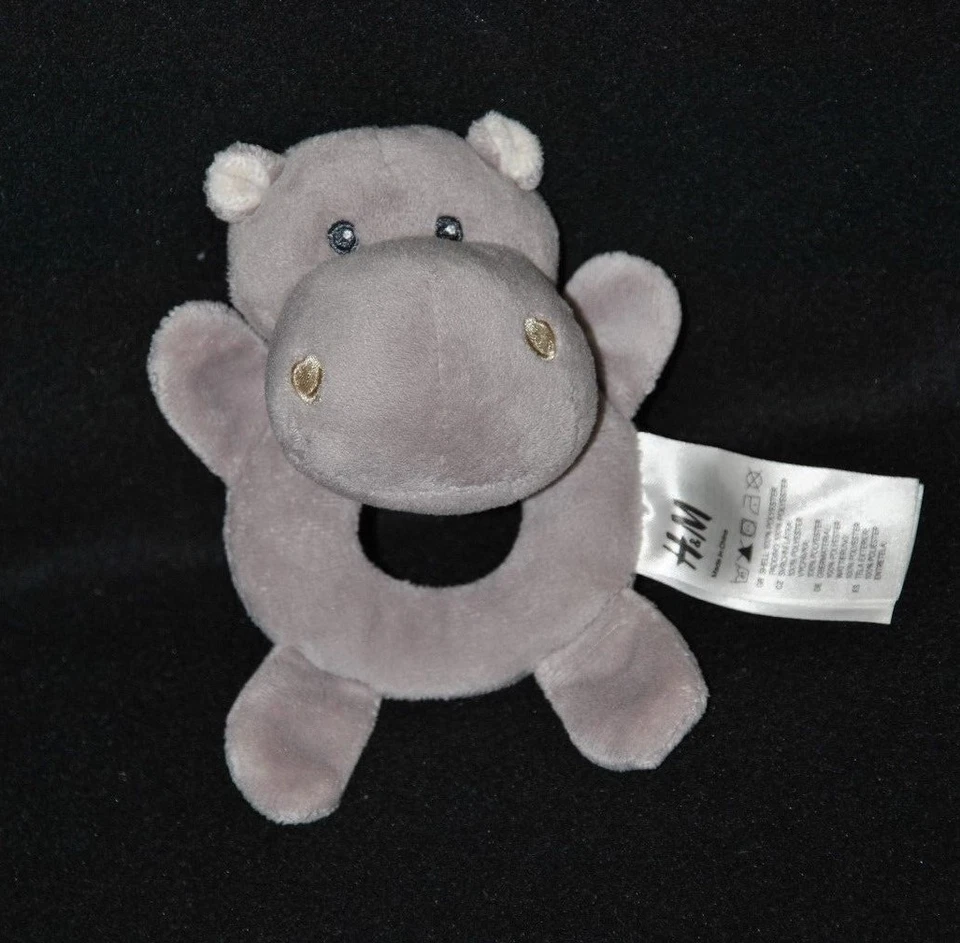 Peluche H&M HM doudou hochet hippopotame gris grelot 14 cm NEUF - Photo 1/1