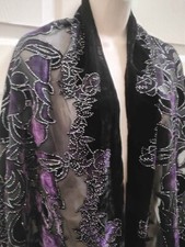 Shawl Black Purple Velvet Damask Silver Glittering Dots Fringed 19.5x32" New