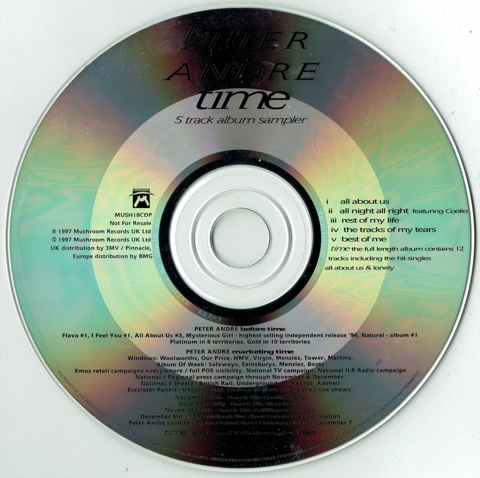 PETER ANDRE - CD - Time 5 Track album sampler.  Promo Mushroom - Изображение 2 из 3