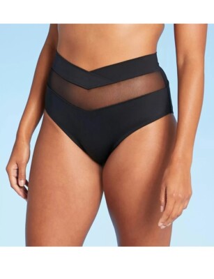 Shade Shore Bikini Bottom Black Swim Mesh Insert High Waist