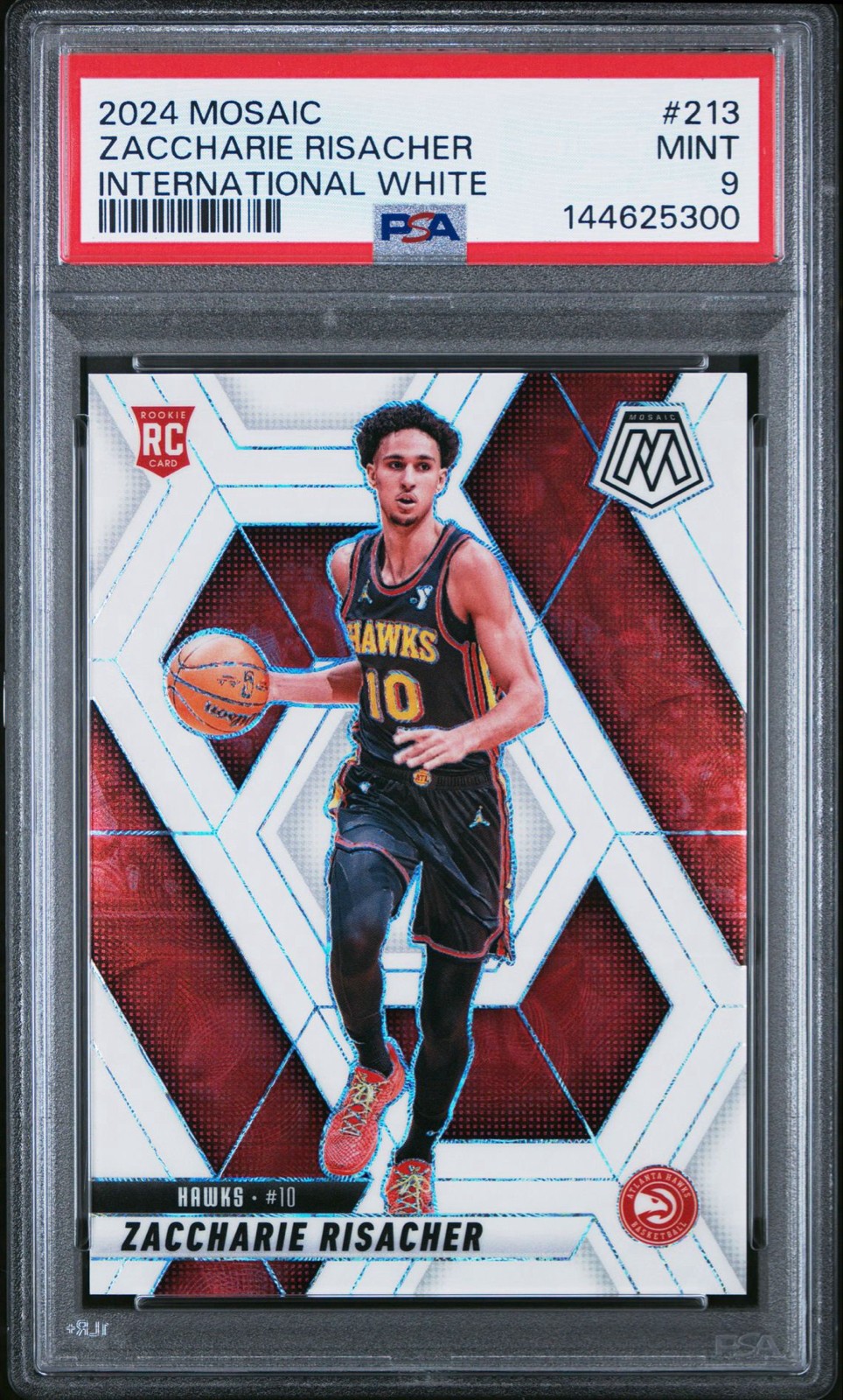 2024-25 Panini Mosaic Zaccharie Risacher RC #213 White Mosaic Prizm /25 PSA 9