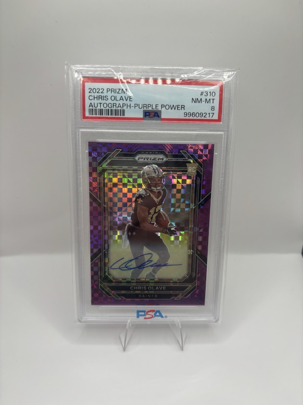 Panini 2022 Prizm Chris Olave Saints RC Auto #310 Purple Power /49 PSA 8