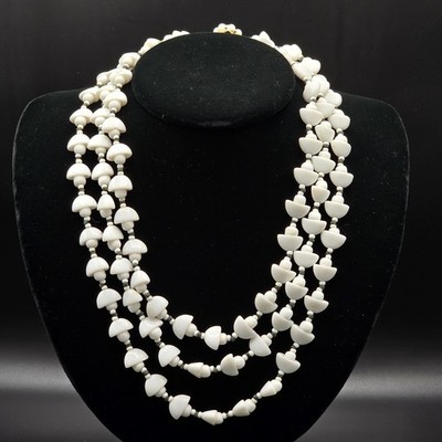 Vtg Miriam Haskell White Milk Glass Bead 3-Strand Necklace 16 20'' Flower Clasp
