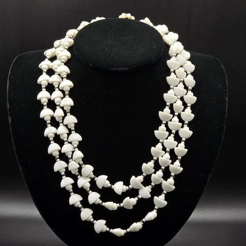 Vtg Miriam Haskell White Milk Glass Bead 3-Strand Necklace 16–20" Flower Clasp
