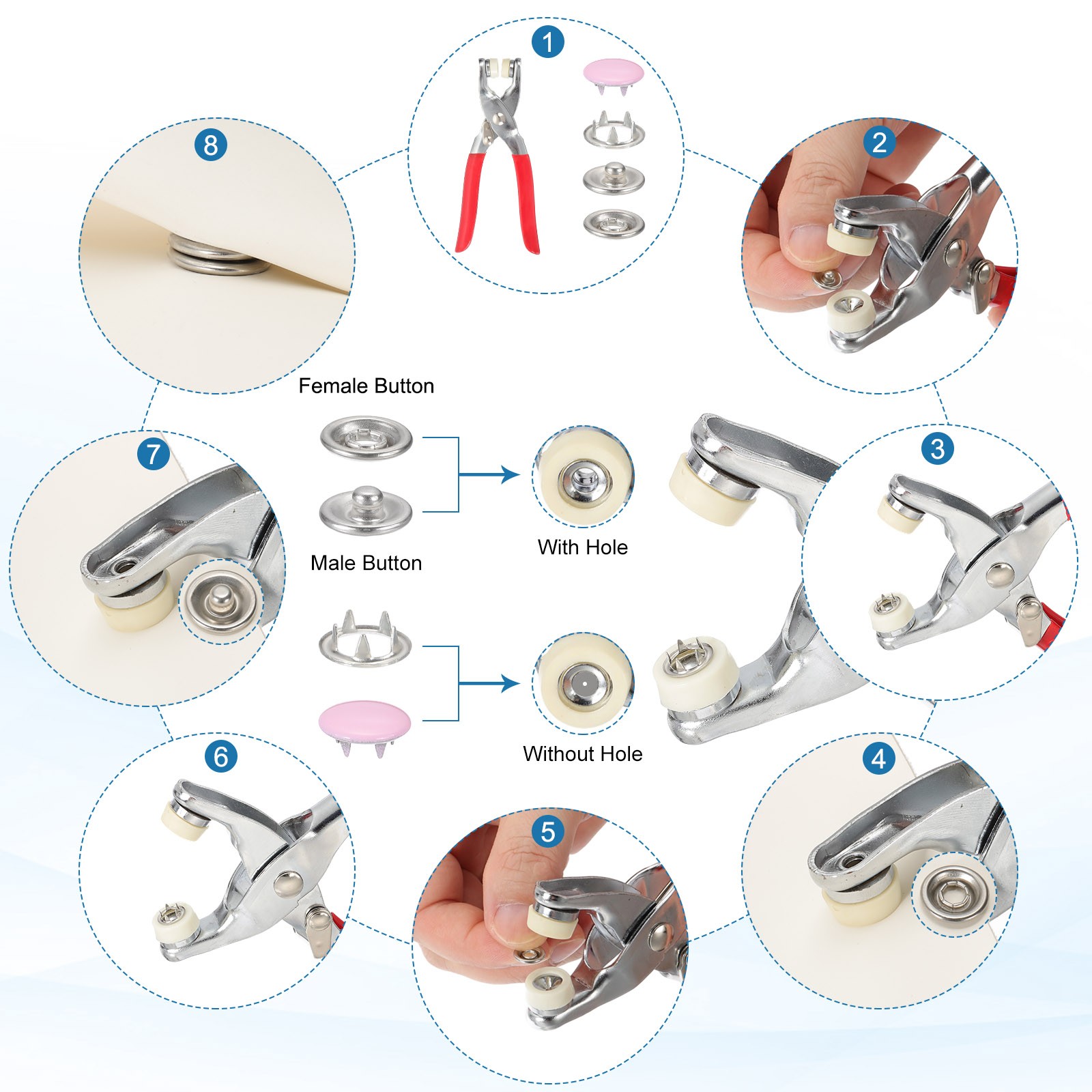 100Set Metal Snap Button Kit 10mm Solid Prong Snap Button Fasteners Tool Black