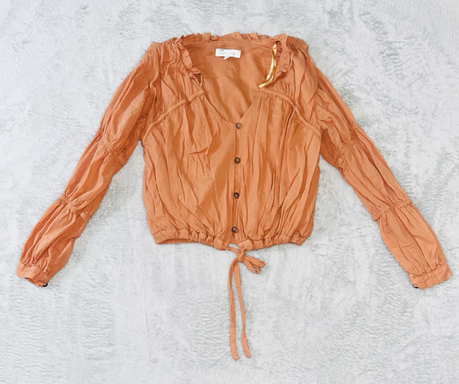 Small LOVE, WHIT X RTR Sand Stone Button Front With Tie Peasant Blouse Top EUC