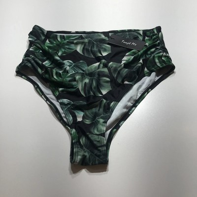 Tempt Me Swim Bottoms Womens L NWT Green Black Tropical Leaf High Waist Ruched