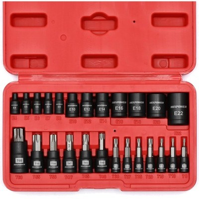 25 Piece Torx Bit and Socket Set, 13 Star Bits T8- T60 & 12 E-Torx Sockets E4...