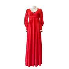 vintage 1970s red victorian style maxi dress lace bib balloon sleeves small