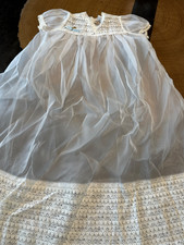 VTG INFANT SHEER LACE BAPTISM DRESS WITH BLUE BOW  JESUS PIN SATIN TRIM