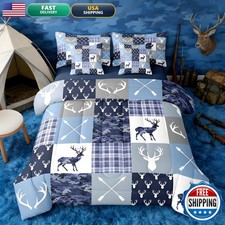 Feelyou Hunting Camo Deer Comforter Set Twin Size 7 Pieces Blue Camouflage