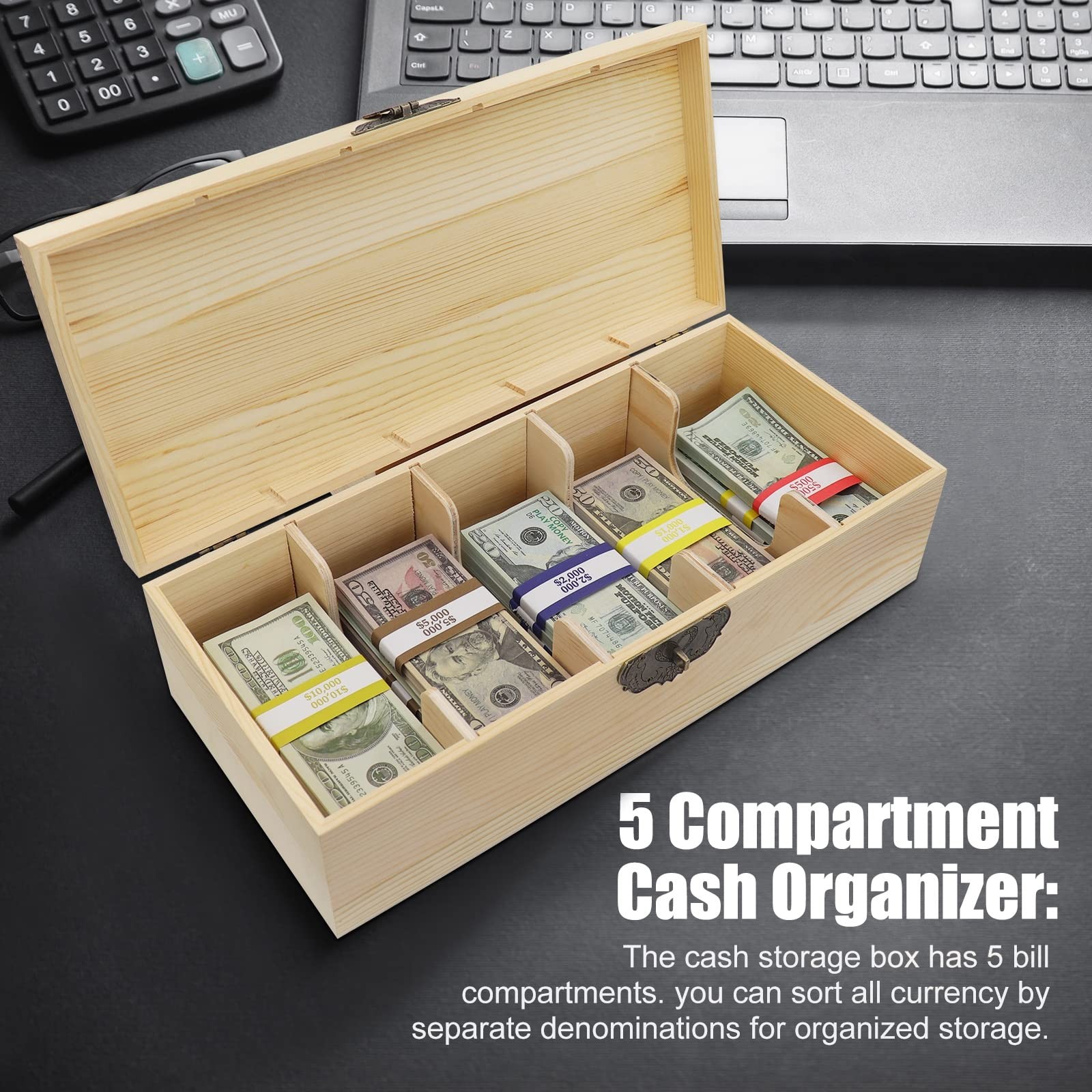 Wooden Locking Currency Money Cash Tray with Coin Tray, 5 Compartment Wooden ...