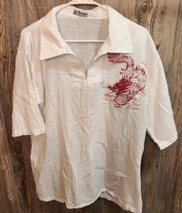 Sanga Boutique XXL Shirt - White & Red Chinese Dragon Embroidery Tropical Beach