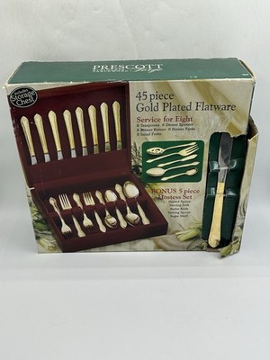Prescott Forge 45 Piece Stainless Gold Plated Flatware Set Service For 8