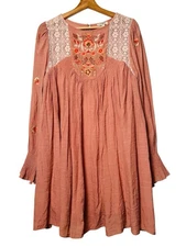 UMGEE Floral Embroidered Tunic Dress Sz L Smock Wrist Lined Western Boho