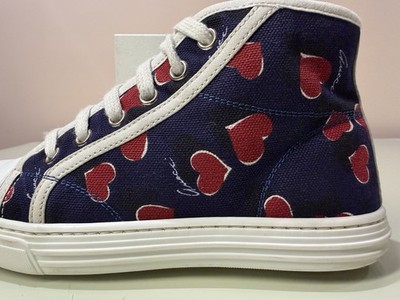 GUCCI Girls 32 1 Navy Blue Heart Height Too Canvas High Top SNEAKERS Shoes w/BOX