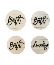 Wood-look Door Signs "Bath" "Laundry" Script Rustic Modern Farmhouse Set of 4