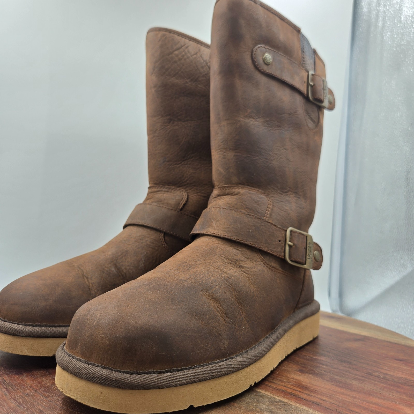 UGG Sutter Boots Women's 7 Brown Leather Shearling Lined Buckle Moto Biker Warm image 4