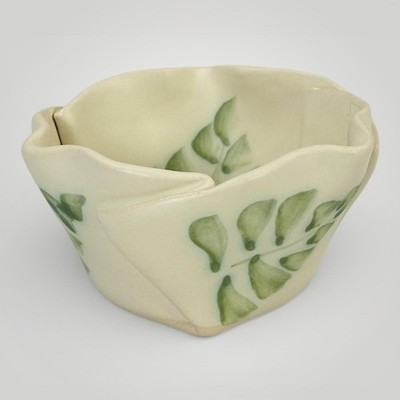 Hilborn Pinch Pot Bowl Beige Green Leaf 4.5 In Handmade Studio Pottery Canada