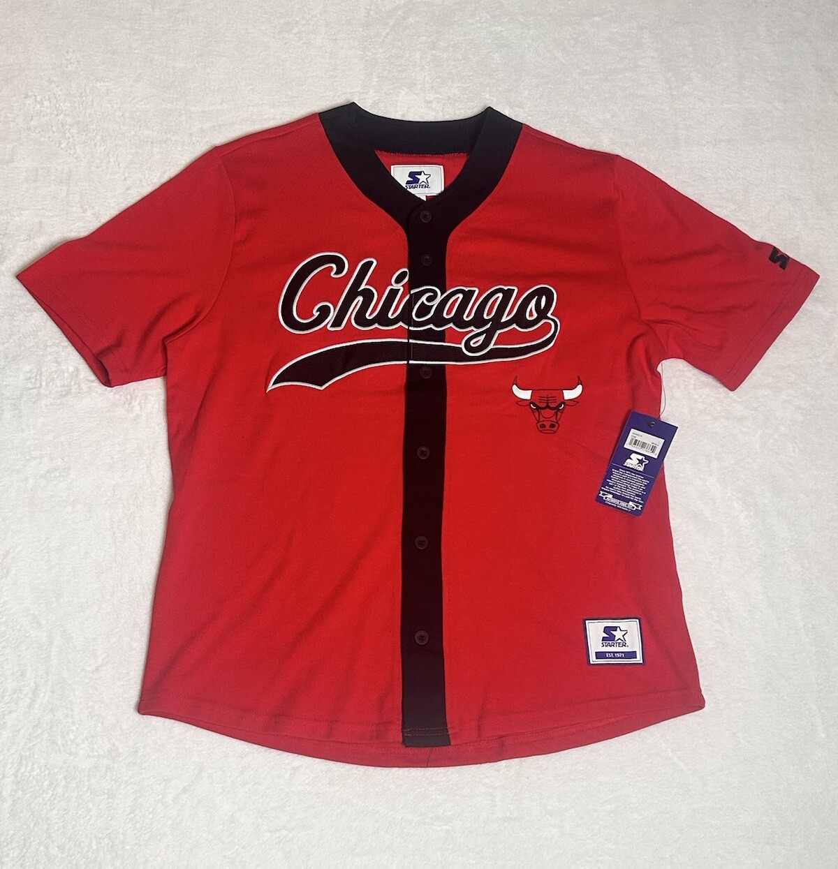 Chicago Bulls Starter Retro Baseball Style Jersey Black Red Men’s Size L