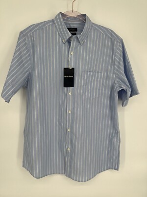 Year In Year Out Mens Short Sleeve Full Button Shirt Mens Sz L Striped Blue NWT