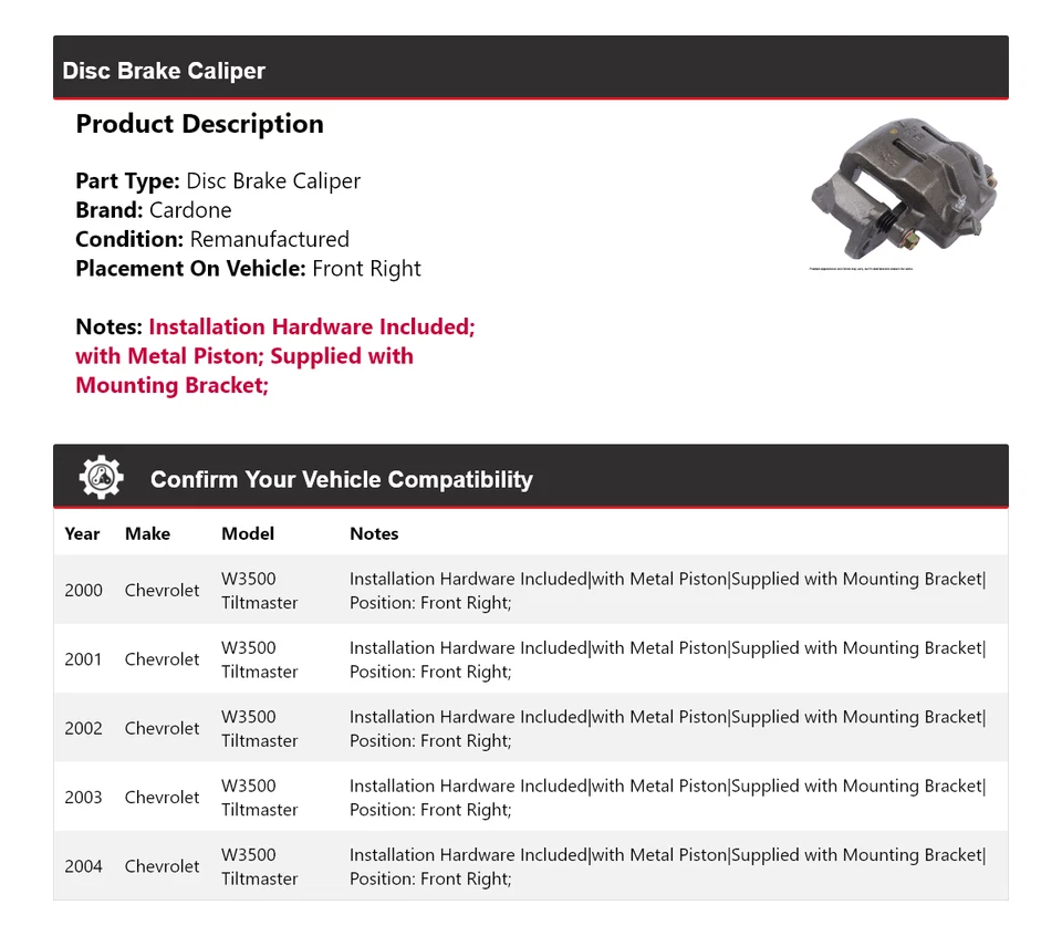 Pinça de freio a disco dianteira direita Cardone para 2000-2004 Chevrolet W3500 Tiltmaster - Imagem 2 de 4