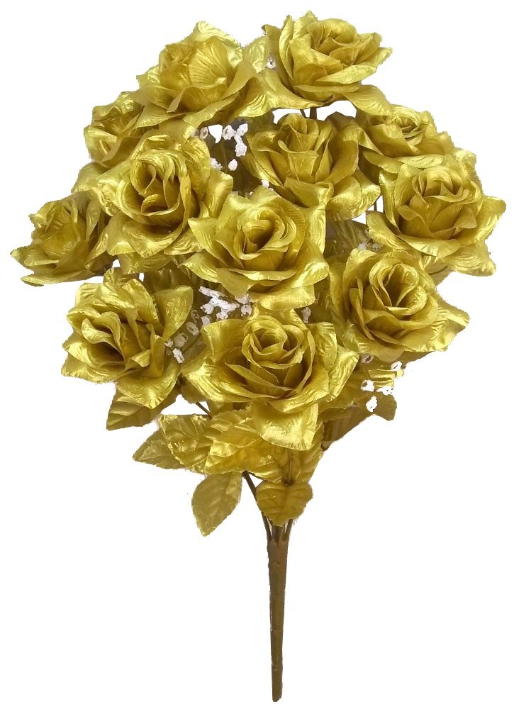 GPB293G-GOLD 12 Stems Artificial Satin Rose Flowers Bush, Gold