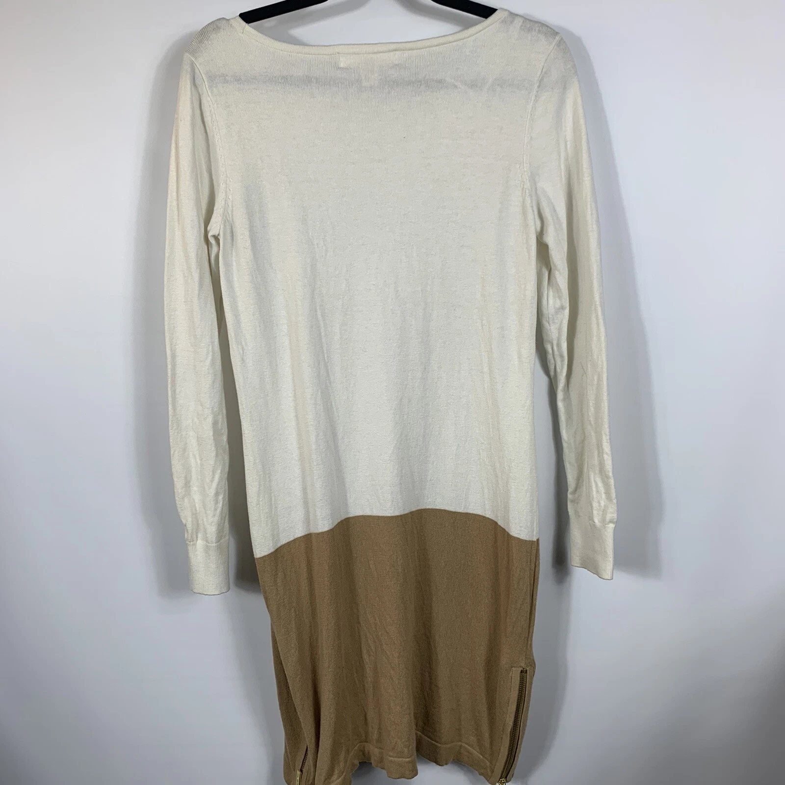 Michael Kors Donna TG M Panna e Marrone Maglione Vestito Zip Fianchi Manica Lunga