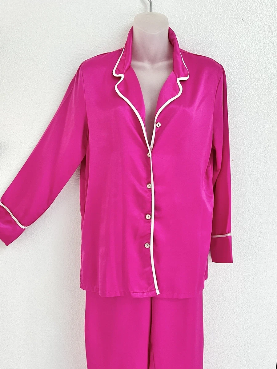 NATORI PRIVATE LUXURIES HOT PINK WHITE SILKY PAJAMAS LOUNGE SET
