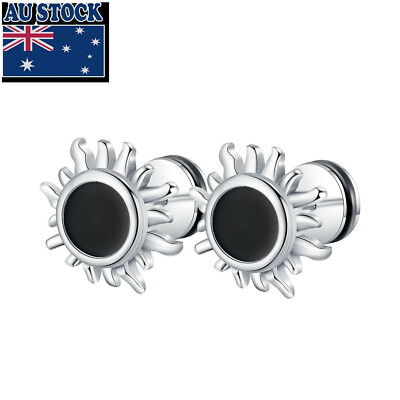Man Woman Real Stainless Steel Enamel Sun Earring Stud Screw Back 2 PCS