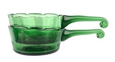 Vintage Hand Blown Green Glass Handled Saucepan Snack Bowls Set of 2