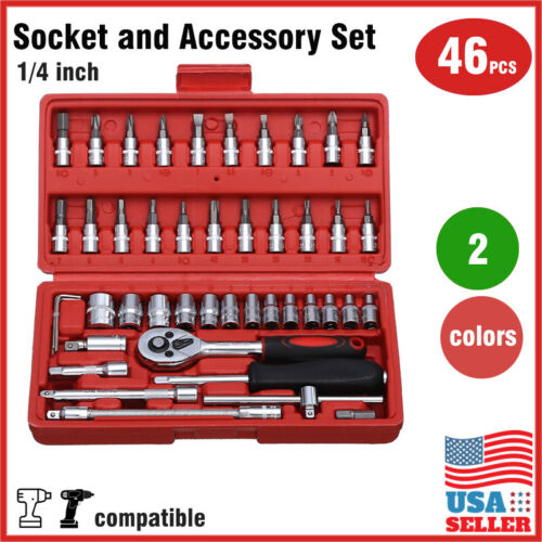 46 pcs 1/4 inch Drive Impact Socket wrench tool Set with drill adapter w/Case - Picture 1 of 28